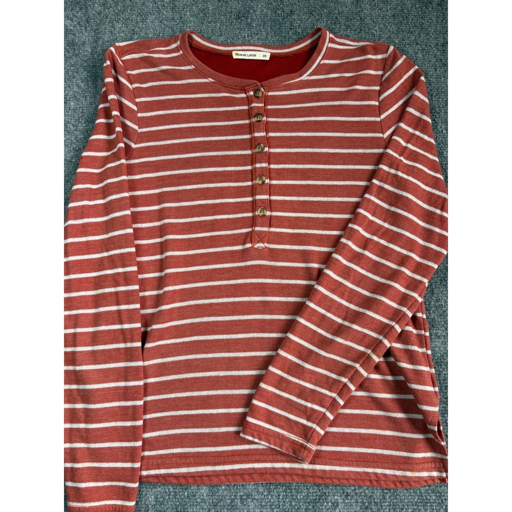 Marine Layer Womens XS Red White Striped Henley Long Sleeve Top Tri-Blend
